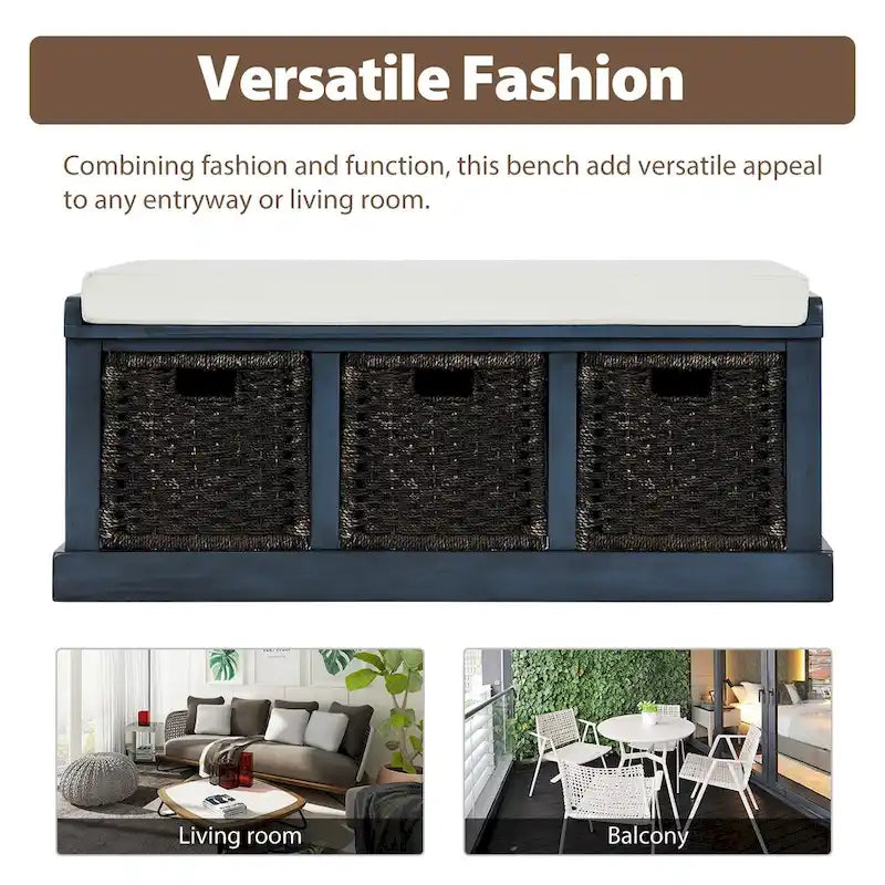 Rustic Storage Bench with 3 Removable Classic Rattan Basket , Entryway Bench with Removable Cushion