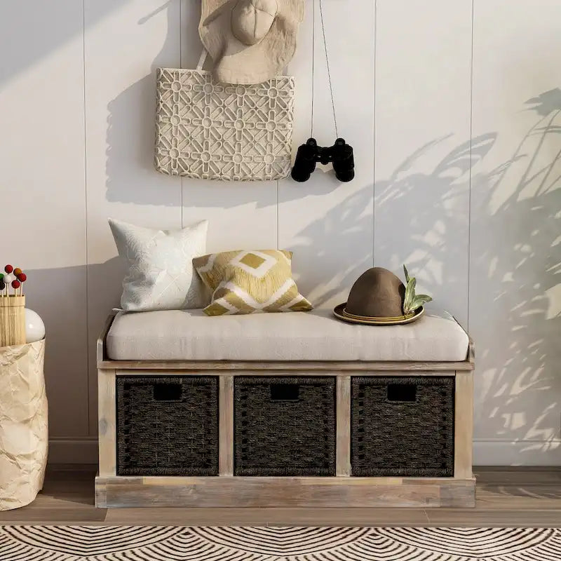 Rustic Storage Bench with 3 Removable Classic Rattan Basket , Entryway Bench with Removable Cushion