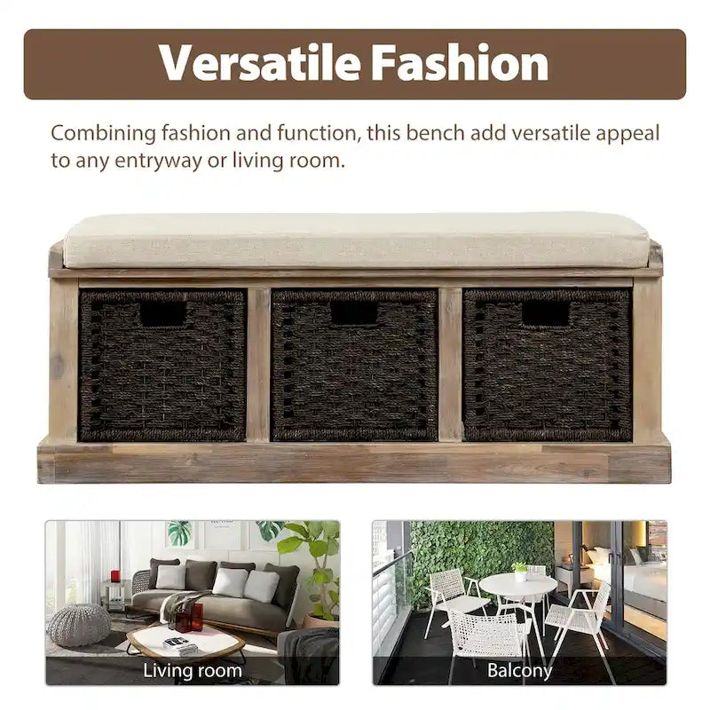 Rustic Storage Bench with 3 Removable Classic Rattan Basket , Entryway Bench with Removable Cushion