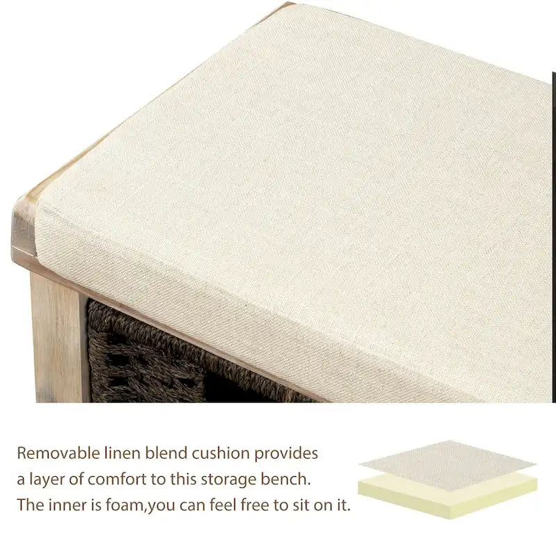 Rustic Storage Bench with 3 Removable Classic Rattan Basket , Entryway Bench with Removable Cushion