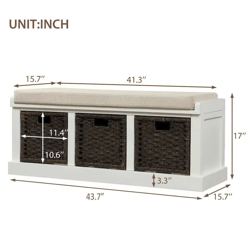Rustic Storage Bench with 3 Removable Classic Rattan Basket , Entryway Bench with Removable Cushion