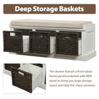 Rustic Storage Bench with 3 Removable Classic Rattan Basket , Entryway Bench with Removable Cushion