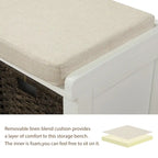 Rustic Storage Bench with 3 Removable Classic Rattan Basket , Entryway Bench with Removable Cushion