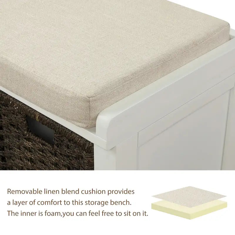 Rustic Storage Bench with 3 Removable Classic Rattan Basket , Entryway Bench with Removable Cushion