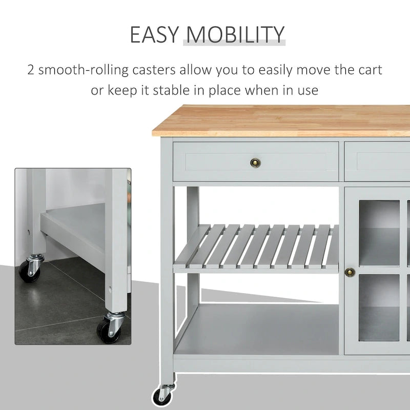 HOMCOM Kitchen Island Utility Storage Cart with Rubber Wood Top, Towel Rack, 2 Cabinets & Drawers for Dining Room