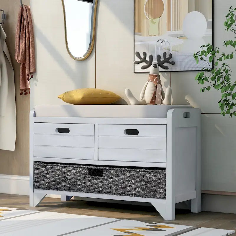 Banc de rangement avec panier amovible et 2 tiroirs - Bois d'acacia