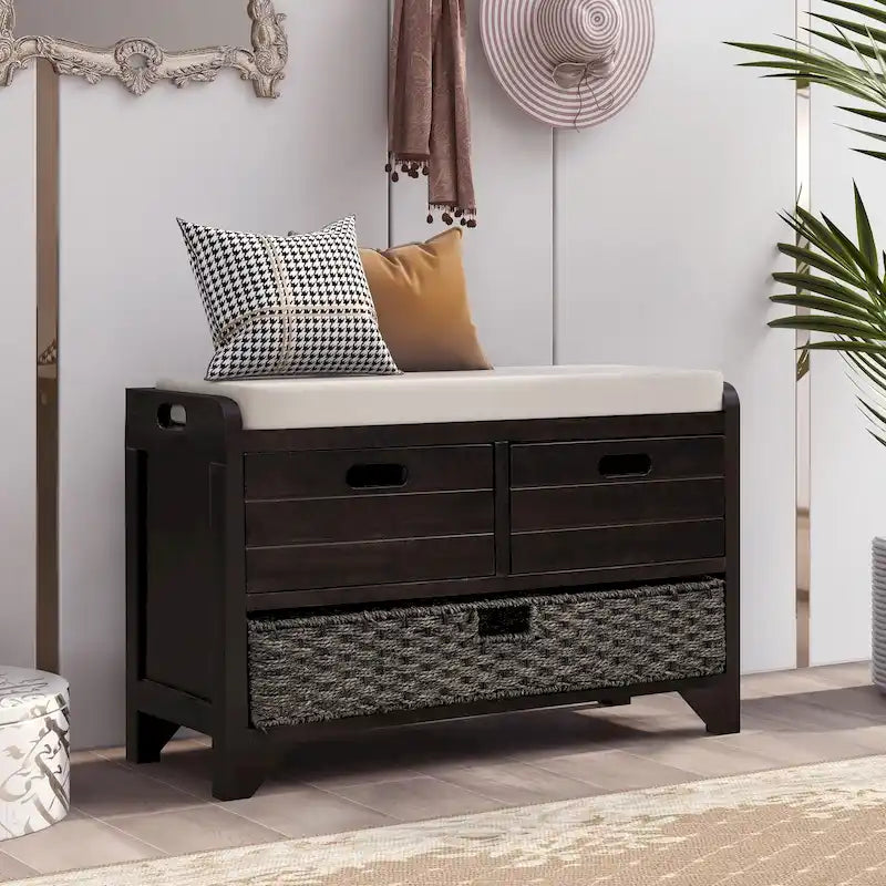 Banc de rangement avec panier amovible et 2 tiroirs - Bois d'acacia