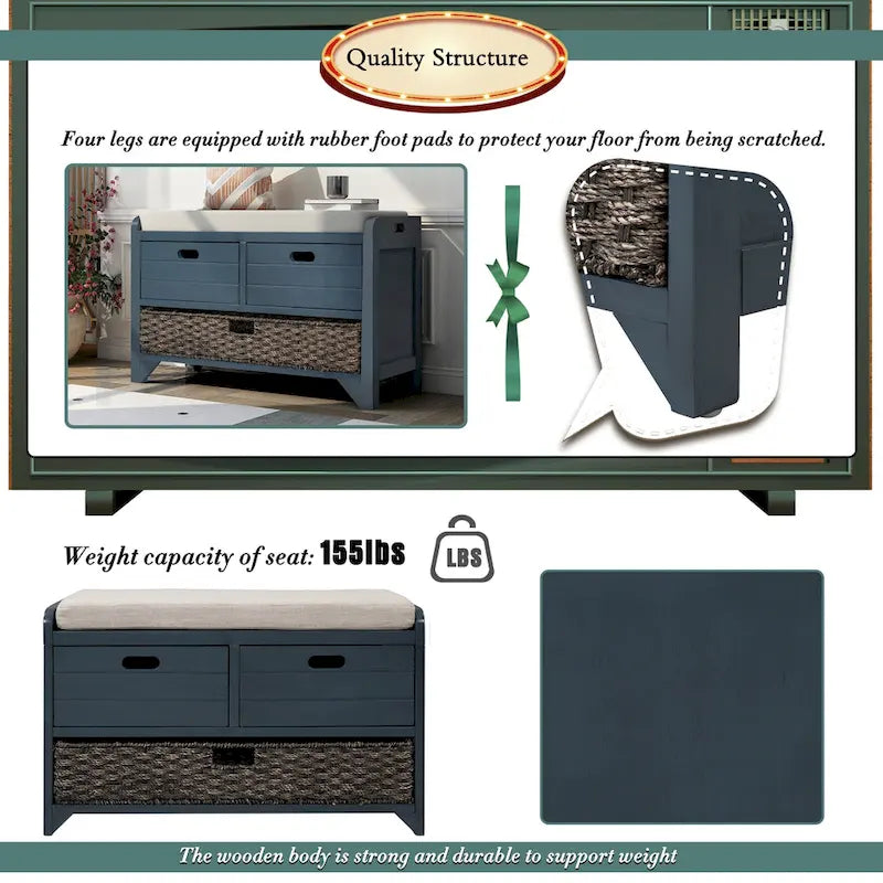 Storage Bench with Removable Basket and 2 Drawers - Acacia Wood