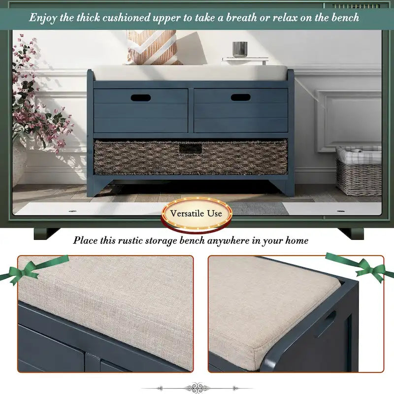 Storage Bench with Removable Basket and 2 Drawers - Acacia Wood