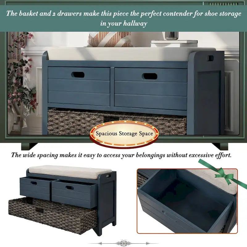 Storage Bench with Removable Basket and 2 Drawers - Acacia Wood