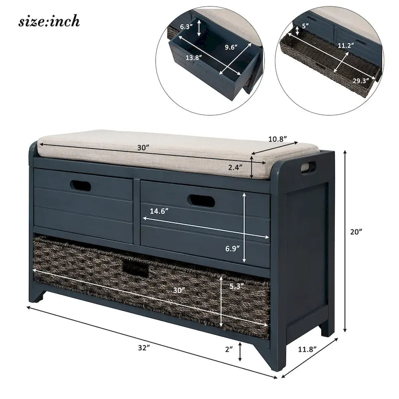 Storage Bench with Removable Basket and 2 Drawers - Acacia Wood