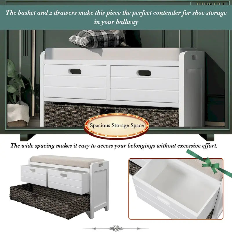 Storage Bench with Removable Basket and 2 Drawers - Acacia Wood