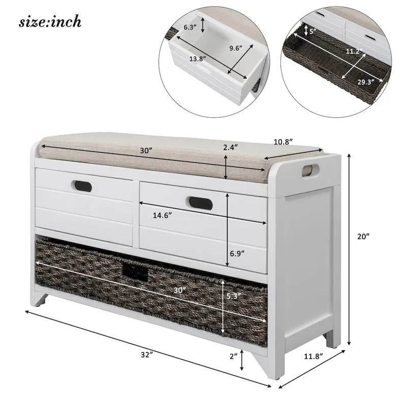 Storage Bench with Removable Basket and 2 Drawers - Acacia Wood