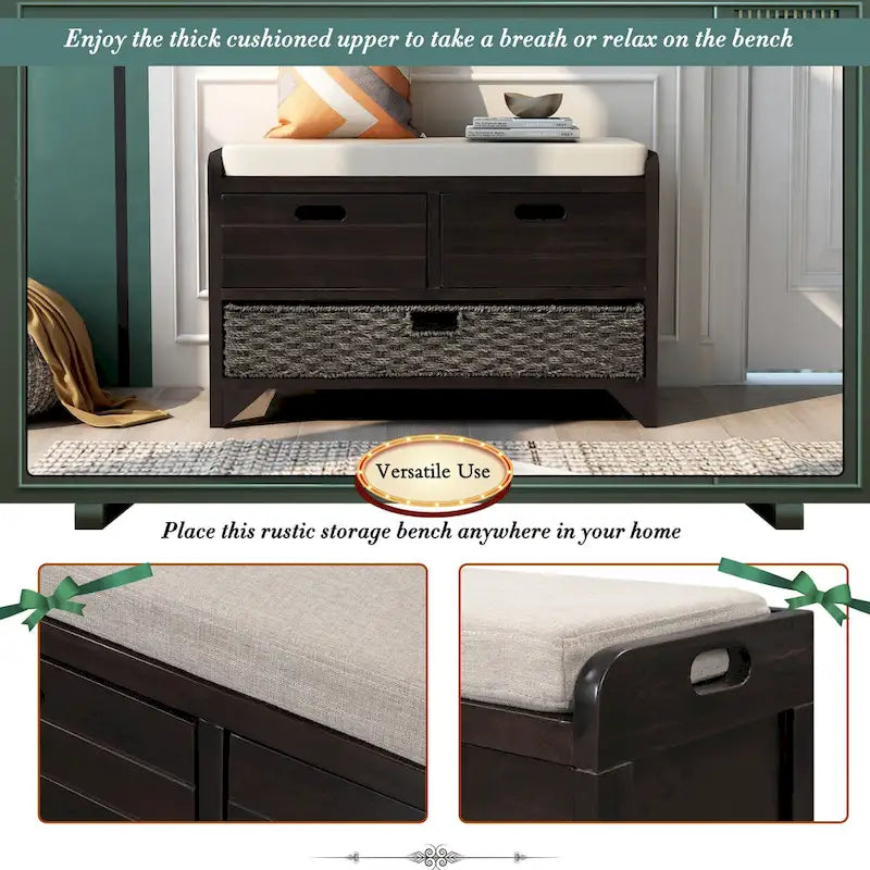 Storage Bench with Removable Basket and 2 Drawers - Acacia Wood