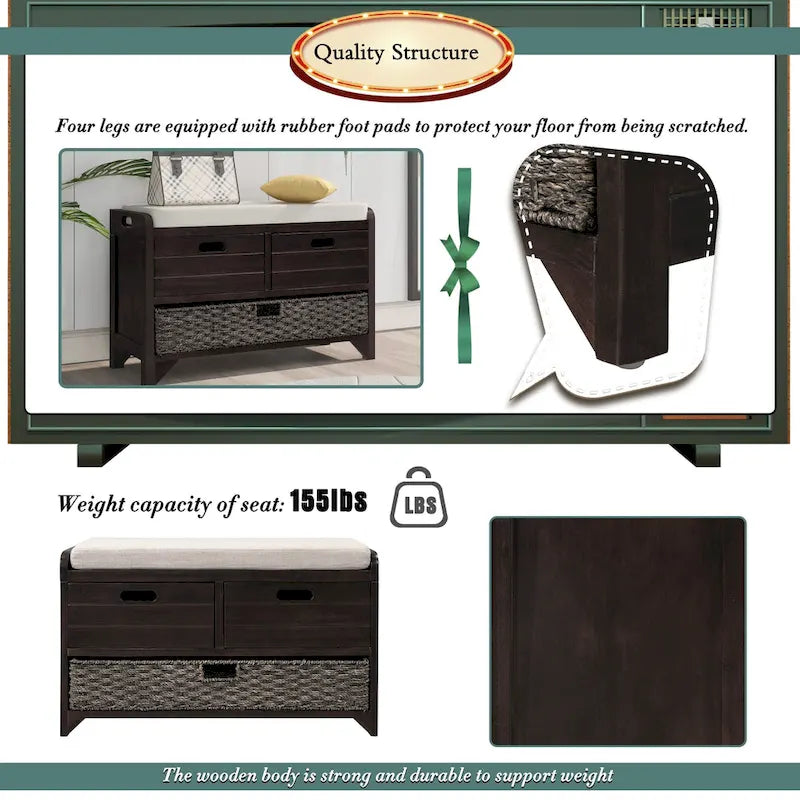 Storage Bench with Removable Basket and 2 Drawers - Acacia Wood