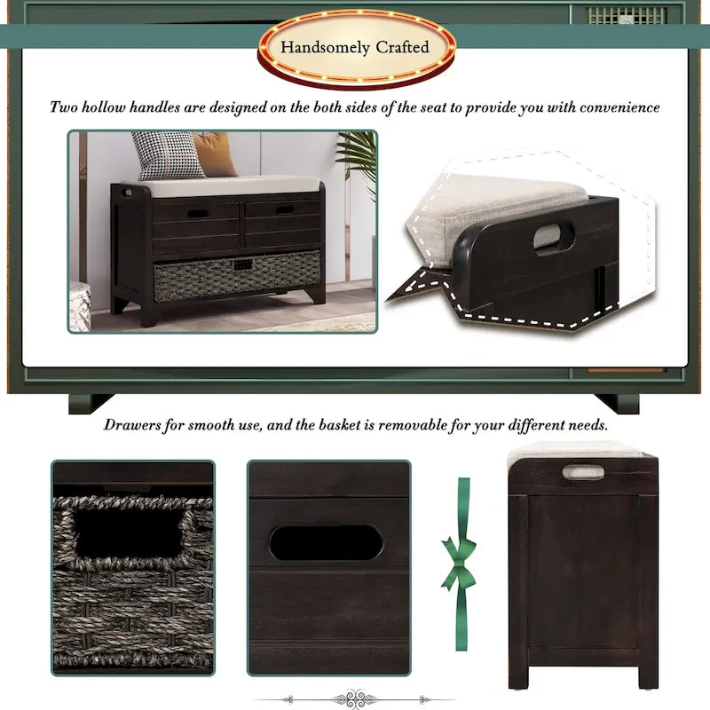 Storage Bench with Removable Basket and 2 Drawers - Acacia Wood