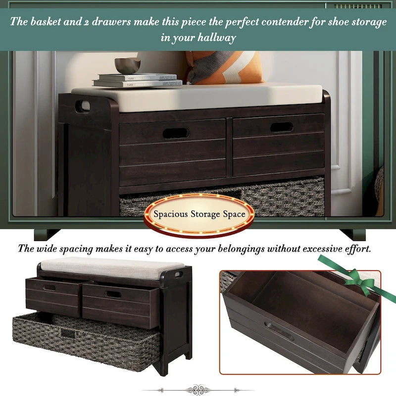 Storage Bench with Removable Basket and 2 Drawers - Acacia Wood