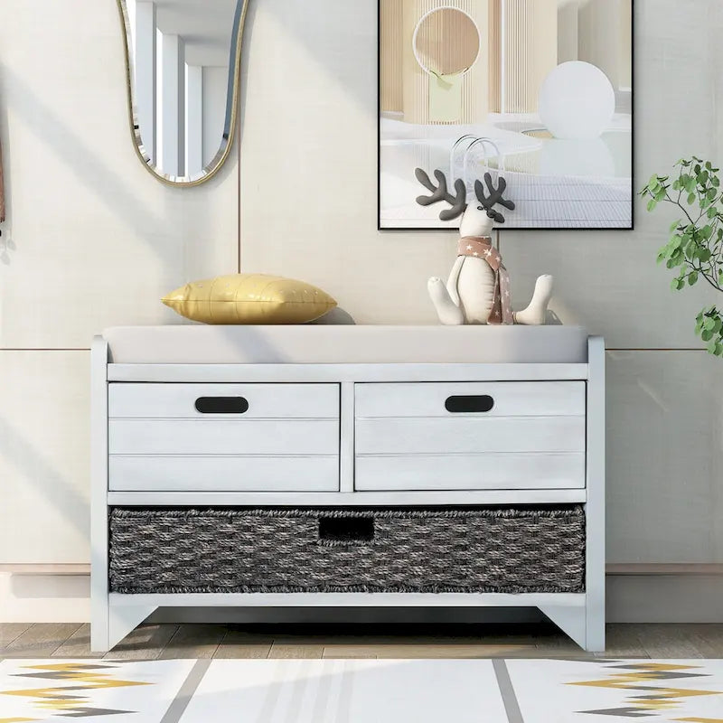 Storage Bench with Removable Basket and 2 Drawers - Acacia Wood