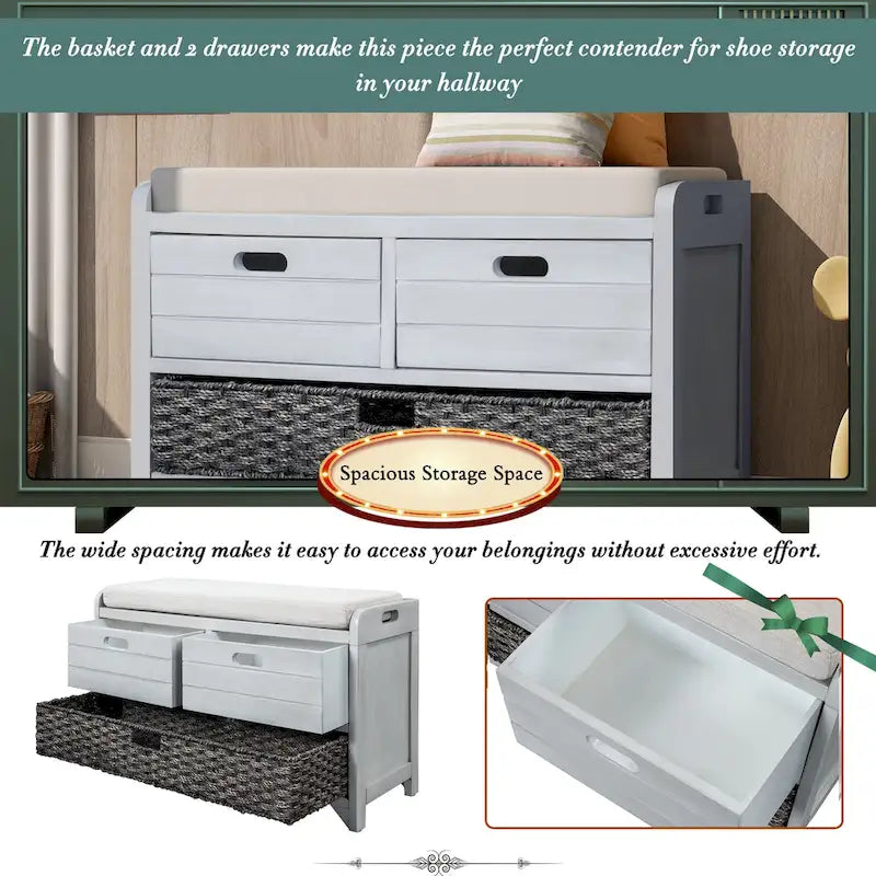 Storage Bench with Removable Basket and 2 Drawers - Acacia Wood