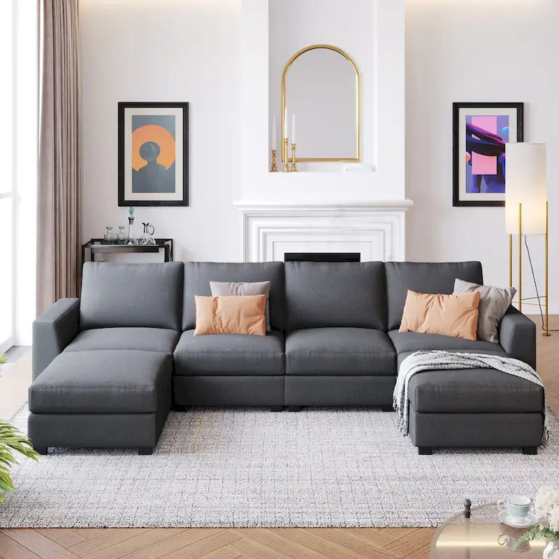 Canapé d'angle 3 pièces en U avec 2 poufs amovibles