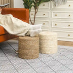 Adeco Set of 2 Foot Stool Natural Cattail Hand Weave Poufs Ottoman