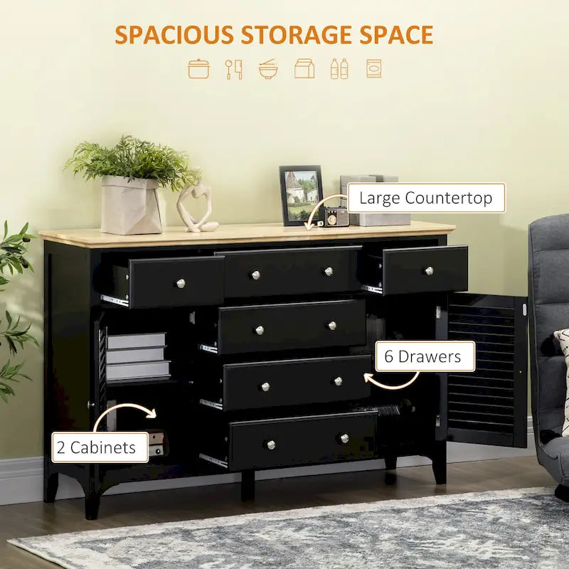 HOMCOM Modern Sideboard with Drawers, Buffet Cabinet with Storage Cabinets, Rubberwood Top and Adjustable Shelves, White