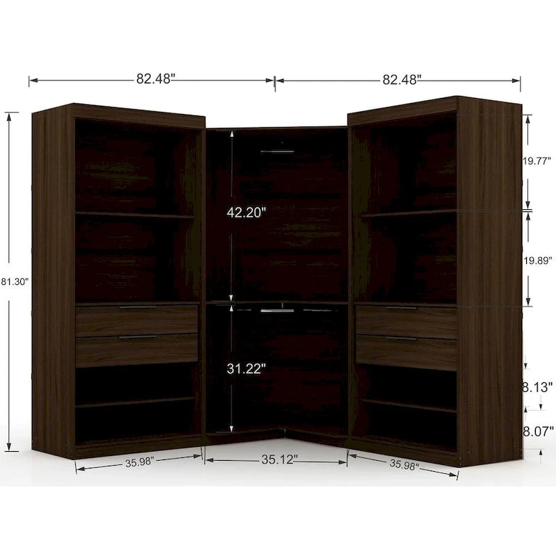 3-Piece Corner Wardrobe with 4 Drawers - Wood and Metal
