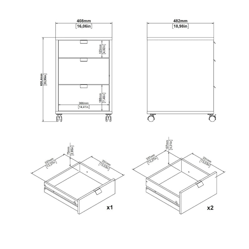 3-Drawer Mobile Cabinet with Wheels - Engineered Wood