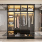 Elegant Black Wardrobe with LED Lighting and Tempered Glass Doors
