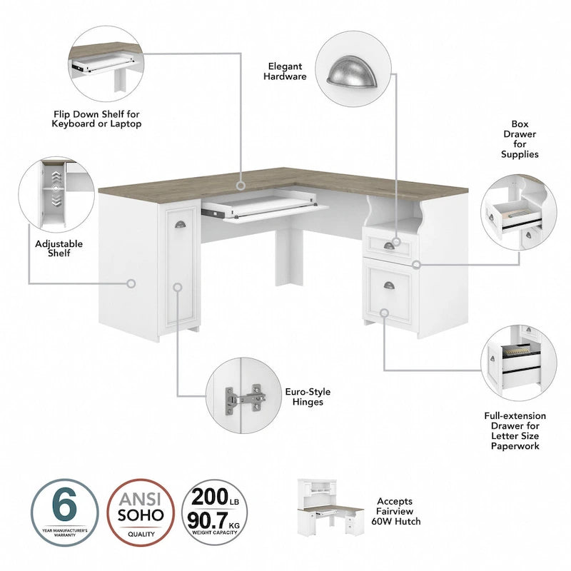 Fairview 60W Desk with Hutch, and Storage Set by Bush Furniture