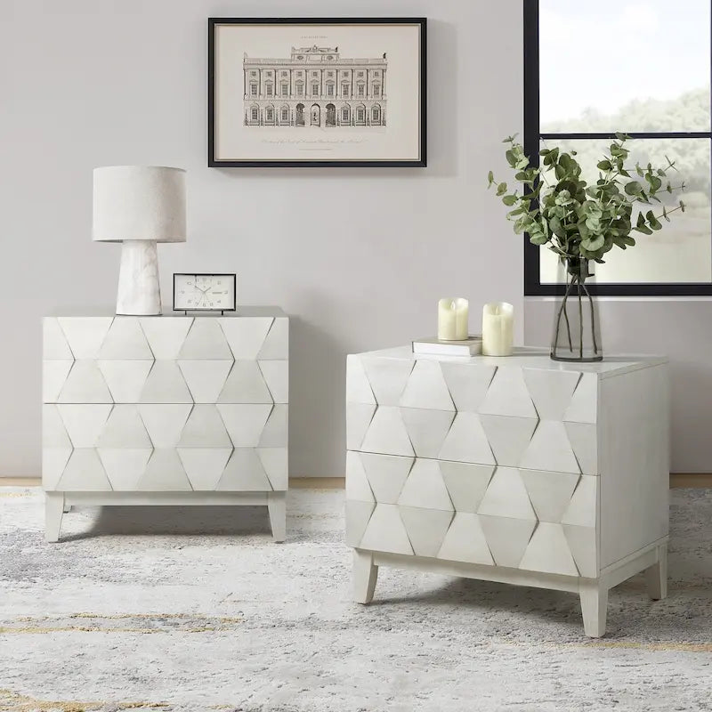 Ethe Mid-Century 2-Drawer Storage Nightstand with Adjustable Solid Wood legs and Charging Station Set of 2 By HULALA HOME