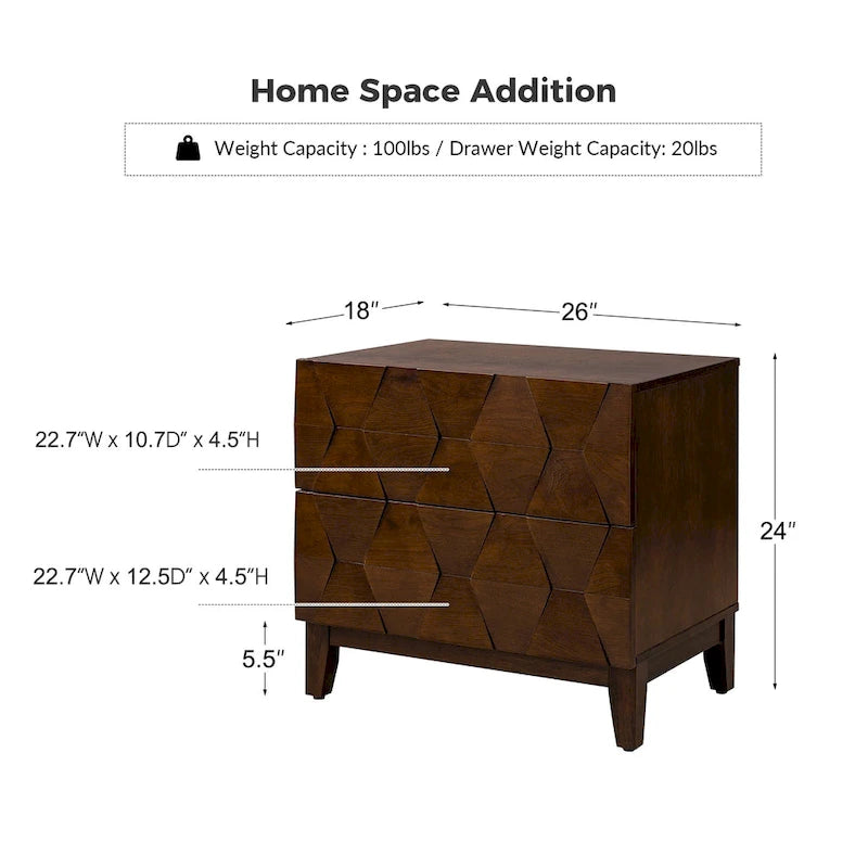 Ethe Mid-Century 2-Drawer Storage Nightstand with Adjustable Solid Wood legs and Charging Station Set of 2 By HULALA HOME