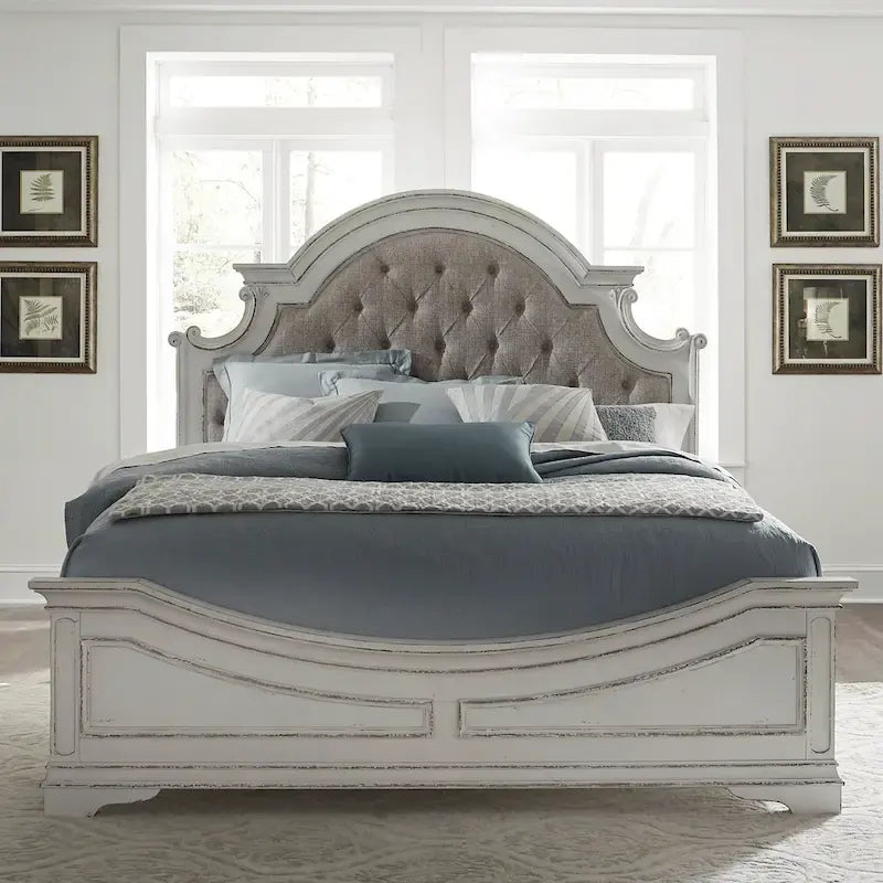Antique White Upholstered Panel Bed with Tufted Chenille - Multiple Sizes