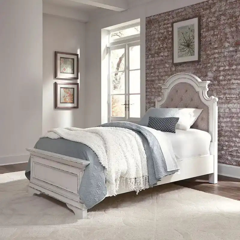 Antique White Upholstered Panel Bed with Tufted Chenille - Multiple Sizes