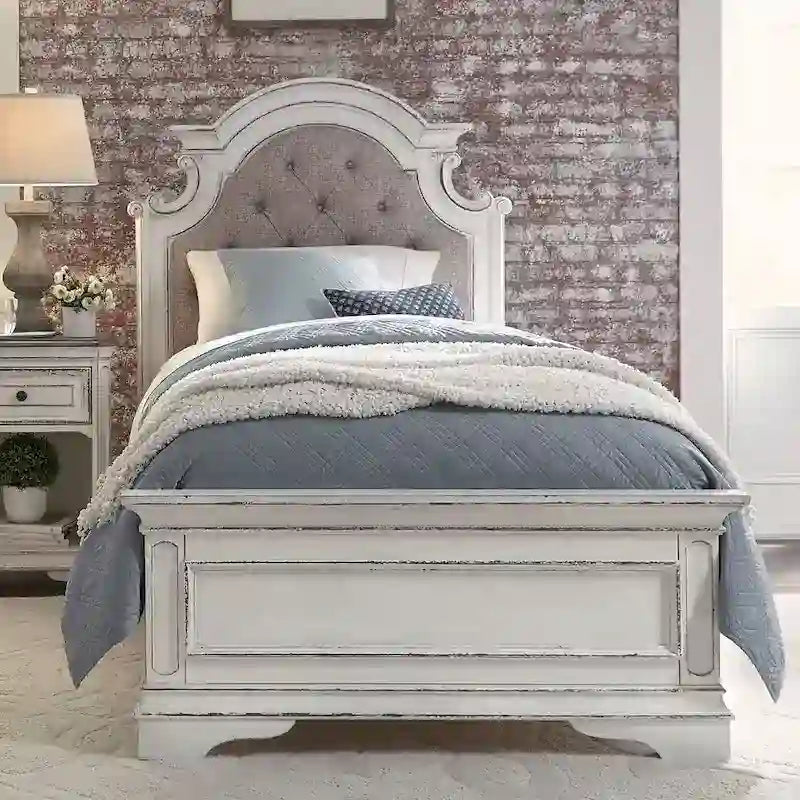 Antique White Upholstered Panel Bed with Tufted Chenille - Multiple Sizes
