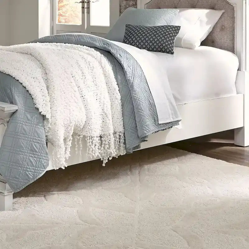 Antique White Upholstered Panel Bed with Tufted Chenille - Multiple Sizes