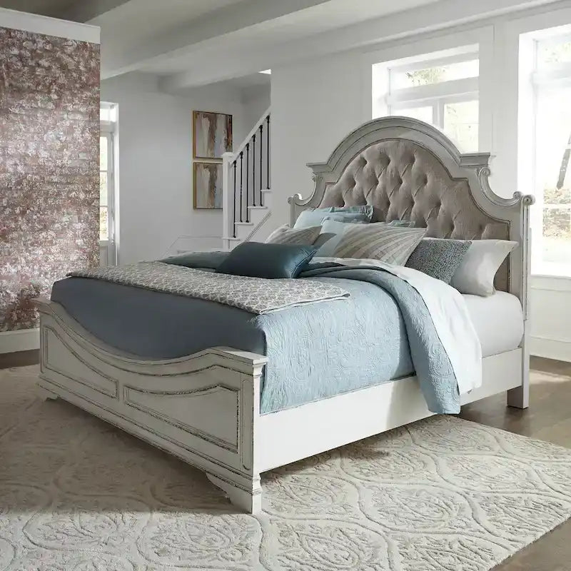 Antique White Upholstered Panel Bed with Tufted Chenille - Multiple Sizes