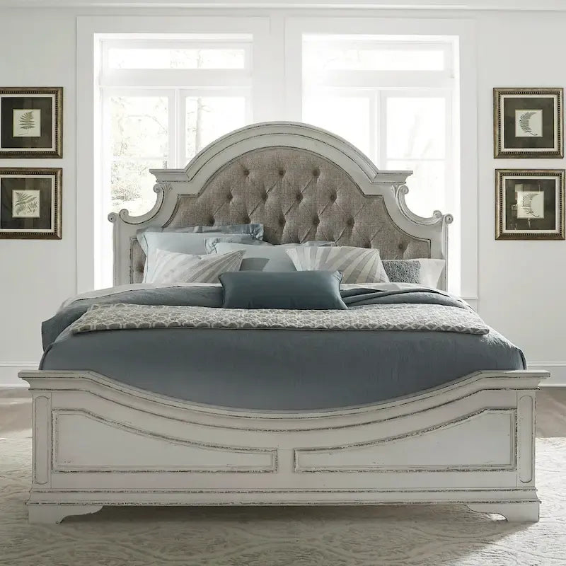 Antique White Upholstered Panel Bed with Tufted Chenille - Multiple Sizes
