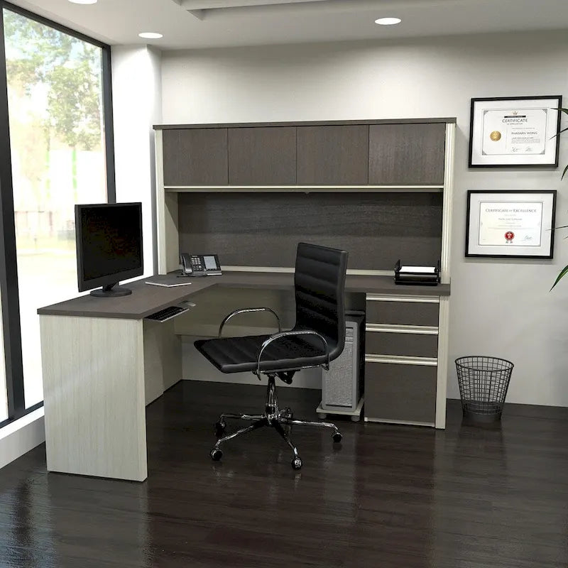 Bestar Prestige Plus L-shaped Workstation Desk with Hutch