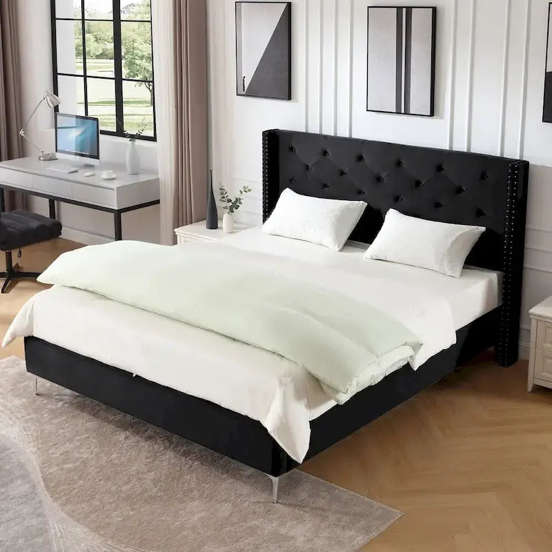 Morden Fort King Size Velvet Upholstered Platform Bed Frame with 6 inches Metal Legs