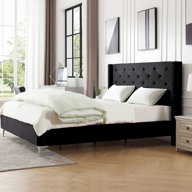 Morden Fort King Size Velvet Upholstered Platform Bed Frame with 6 inches Metal Legs