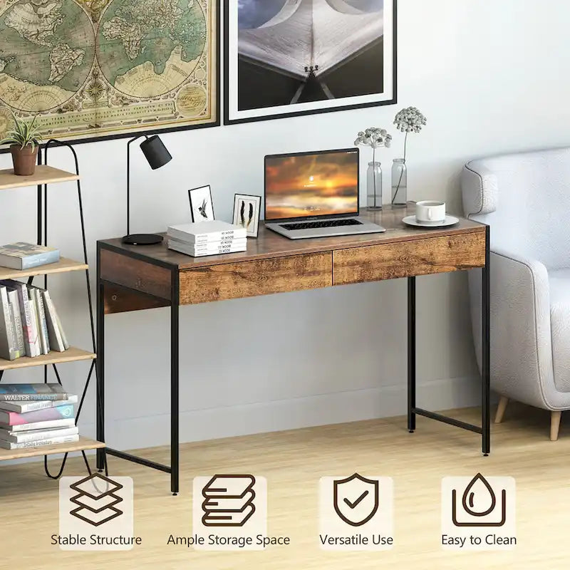 Writing Desk with 2 Drawers - Engineered Wood and Steel - 44 Inch