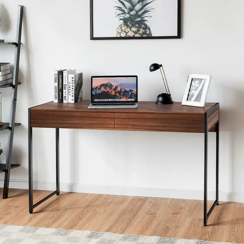 Writing Desk with 2 Drawers - Engineered Wood and Steel - 44 Inch