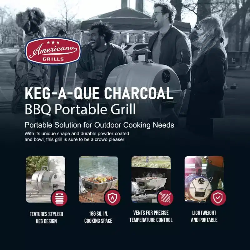 Barbecue au charbon de bois Americana Grills Keg A Que, barbecue portable d'extérieur avec couvercle durable revêtu par poudre, surface de cuisson de 186 pouces carrés, argent