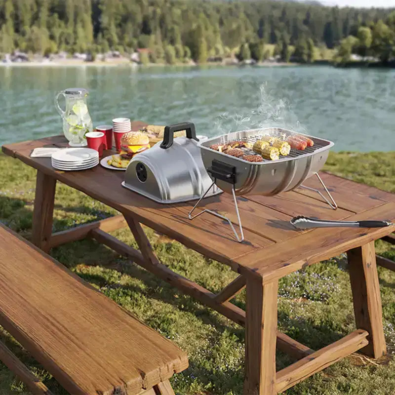 Barbecue au charbon de bois Americana Grills Keg A Que, barbecue portable d'extérieur avec couvercle durable revêtu par poudre, surface de cuisson de 186 pouces carrés, argent