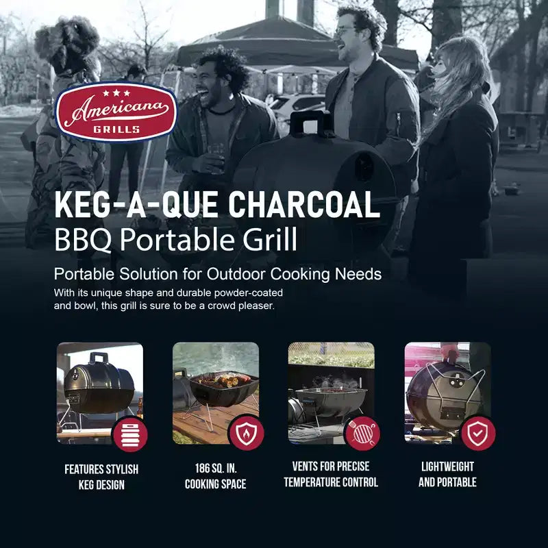Barbecue au charbon de bois Americana Grills Keg A Que, barbecue extérieur portable avec couvercle et cuve durables recouverts de poudre, surface de cuisson de 186 pouces carrés, noir
