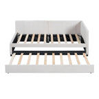 Lit de repos capitonné avec tiroir-lit, cadre de lit de jour double, sommier tapissier non nécessaire, tissu en lin (beige)