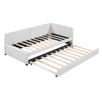 Lit de repos capitonné avec tiroir-lit, cadre de lit de jour double, sommier tapissier non nécessaire, tissu en lin (beige)