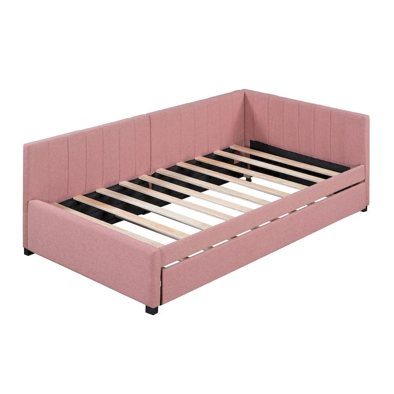 Lit de repos capitonné avec tiroir-lit, cadre de lit de jour double, sommier tapissier non nécessaire, tissu en lin (beige)