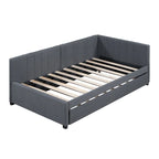 Lit de repos capitonné avec tiroir-lit, cadre de lit de jour double, sommier tapissier non nécessaire, tissu en lin (beige)